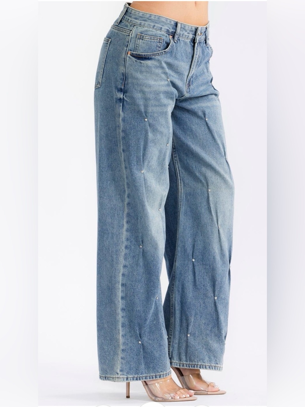 Wide Leg Pearl-Embellished Denim Jeans - Light Blue. Rhinestone embellished